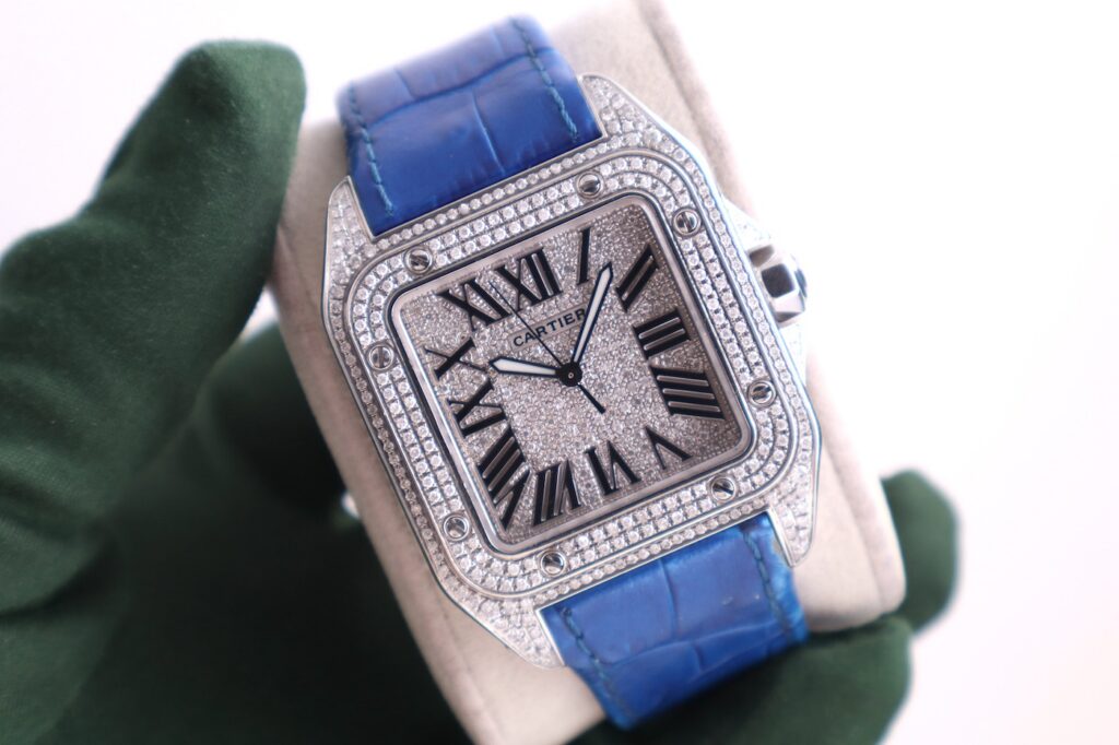 Cartier Santos XL 38mm Blue Strap Custom Diamonds Set 3787 Men's Watch