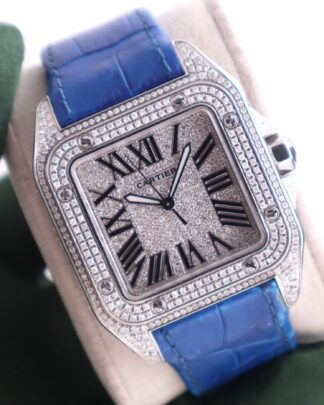 Cartier Santos XL 38mm Blue Strap Custom Diamonds Set 3787 Men's Watch