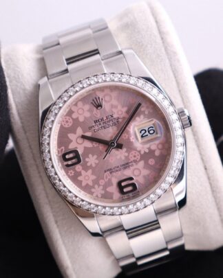 Rolex Datejust 36mm Factory Diamond Bezel Pink Floral Motif Dial Women's Watch